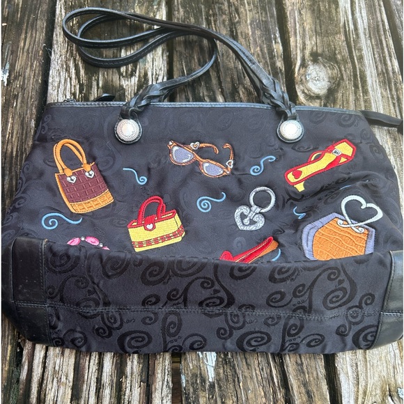 BRIGHTON Black Embroidered Shoulder Tote Handbag Purse Two Handle Zip Closure C4 - Picture 7 of 15